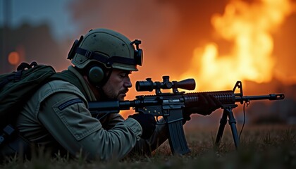 Fototapeta premium Soldier aiming rifle with focused expression against fiery background 