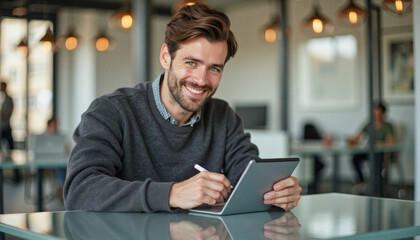 A portrait headshot photo of a friendly professional CEO executive business worker: A smiling man with a beard sits at a table, using a digital tablet and stylus in a modern cafe setting.