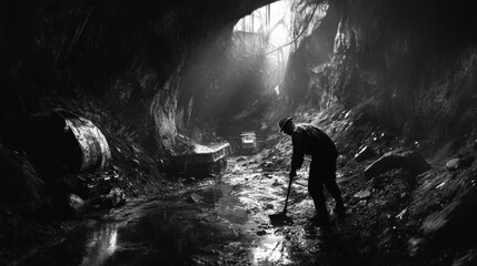 Obraz premium Monochromatic depiction of a miner clearing a submerged haulage path underground
