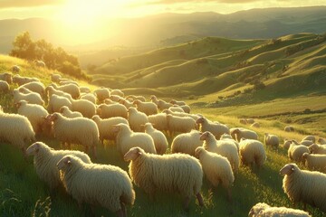A flock of sheep grazes peacefully on rolling green hills, bathed in the warm glow of the setting sun.