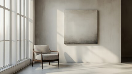 A sparse corner in an empty room, a lone chair and simple artwork on the wall, soft neutral tones