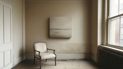 A sparse corner in an empty room, a lone chair and simple artwork on the wall, soft neutral tones