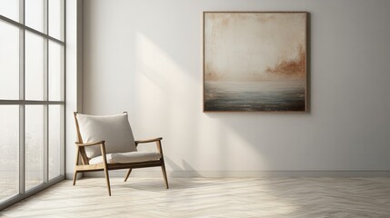 A sparse corner in an empty room, a lone chair and simple artwork on the wall, soft neutral tones