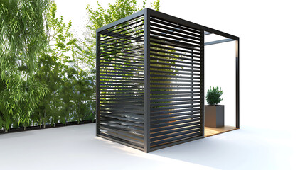 Modern black pergola with slatted sides and a wood deck in front.