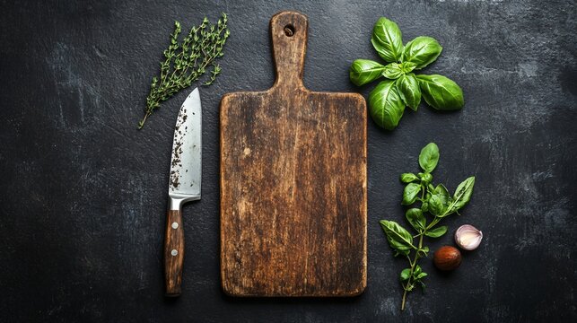 A vintage wooden cutting board placed on a dark slate background, with fresh basil, rosemary, and a chef’s knife beside it