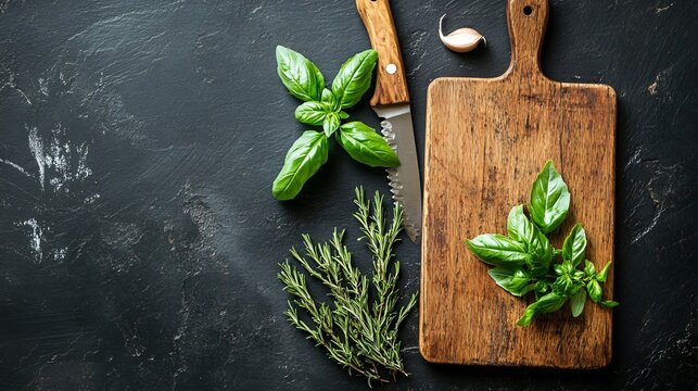 A vintage wooden cutting board placed on a dark slate background, with fresh basil, rosemary, and a chef’s knife beside it