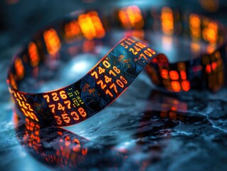 A digital display ribbon showing financial data, stock market information, and numerical figures over a dark background.