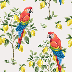 Tropical macaw parrots, yellow lemon fruits on trees, white background. Seamless pattern. Vector illustration. Exotic plants, birds. Summer garden design. Paradise nature