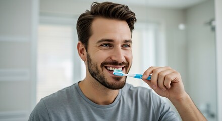 Happy Young Man Brushing His Teeth in Bathroom, Morning Oral Hygiene Routine, Healthy Smile, Dental Care