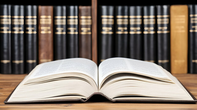 Classic open book on a wooden desk with a blurred background of vintage books