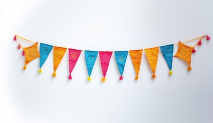 Fototapeta premium Festive Bunting: Colorful fabric bunting adds a touch of cheer to any celebration. Vibrant pennants in yellow, blue, and pink adorn the background, creating a cheerful atmosphere.