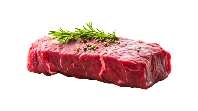Un morceau de viande de boeuf avec du romarin, isolé, sur fond transparent.