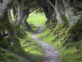 Enchanting Mossy Path Through Ancient Trees Serene Landscape Verdant Greenery Natural Beauty Tranquil Scene Lush Vegetation Idyllic Nature Scene Outdoor Adventure