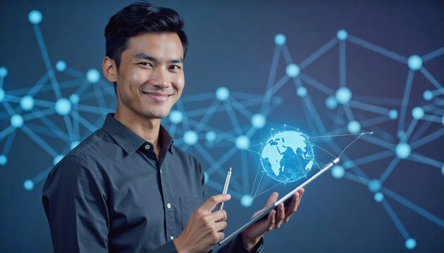 A portrait headshot photo of a friendly professional CEO executive business worker: A smiling young Asian man in a black shirt holds a tablet displaying a glowing globe connected to a network of 