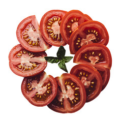 A vibrant circle of juicy tomato slices, arranged like a summer sunburst, with a tiny sprig of mint adding a fresh touch.