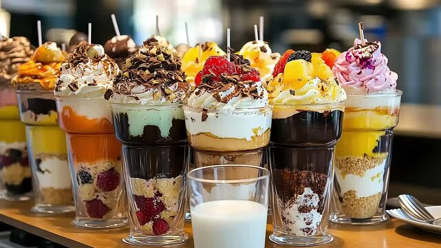 Colorful Ice Cream Sundaes with Toppings and Fruits Presented in Elegant Glasses on a Counter