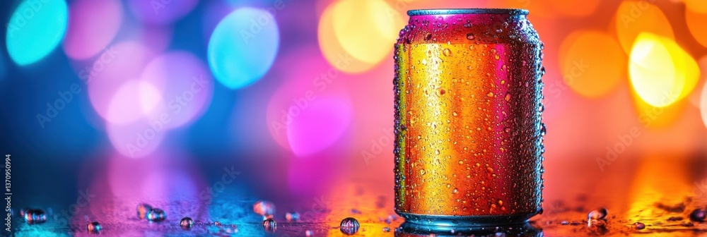 Poster classic soda can with condensation against a colorful background reflecting bold hues and high contr