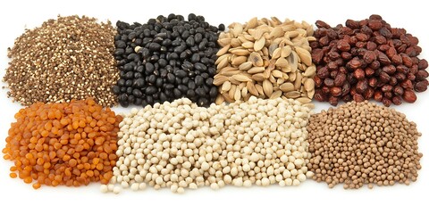 Fototapeta premium Various grains and seeds arranged in neat square formations
