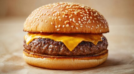Juicy cheeseburger perfection! Sesame bun, melty cheese, and a soft, blurred background create a mouthwatering close-up