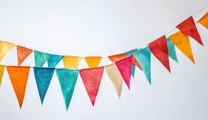 Fototapeta premium Festive Garland of Colors: A vibrant array of triangular flags hangs in a cheerful display, casting a playful atmosphere, Perfect for celebrations and adding a touch of artistry to any space.