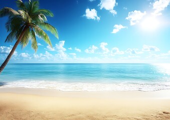Palm tree next to ocean with a bright blue sky and clouds