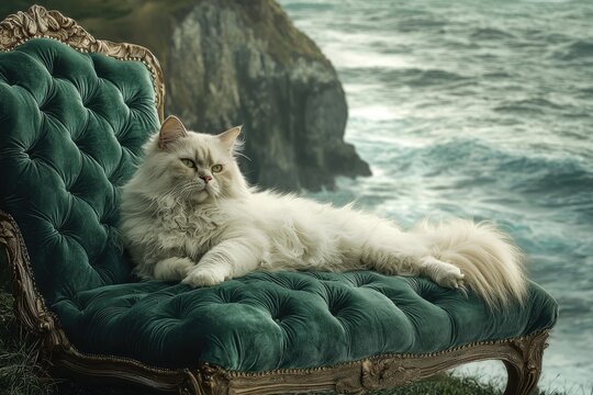 Fluffy white cat regally lounging on a tufted teal velvet chair, set against a dramatic ocean coastline backdrop.