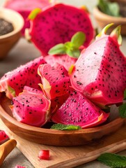 Freshly cut dragon fruit served on a wooden plate with mint leaves in a cozy kitchen setting