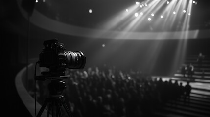 Camera is set up in front of crowd. Live broadcast of a live camera. A video of a stage is streaming. A camera is positioned in front lifestyle of an audience.