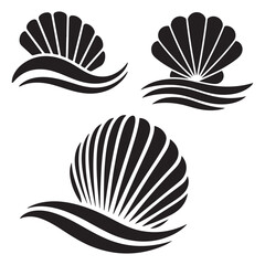 Shell Icon Set with Waves Ocean, Beach, and Nature Symbol Designs