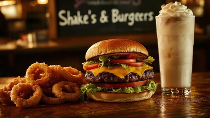 Juicy cheeseburger & crispy onion rings on a rustic table. A creamy shake completes this delicious scene. "Shake's & Burgers" backdrop