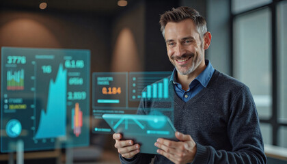 A portrait headshot photo of a friendly professional CEO executive business worker: A smiling businessman analyzes financial data displayed on a tablet and a large screen, suggesting expertise in