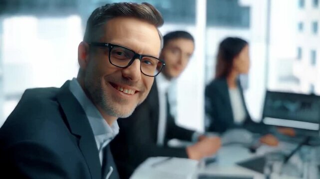 Smiling chief operating officer in modern office conference room, professional business executive leading corporate strategy, team collaboration, management meeting, leadership planning, and company o