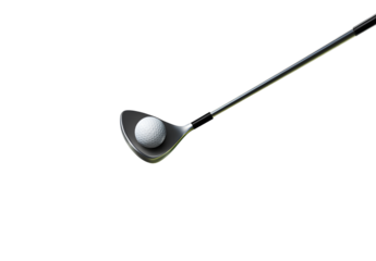 Golf iron club hitting a ball on green grass, isolated on a transparent background
