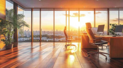 Fototapeta premium Serene office interior at sunset with city view modern desk and chair in sunlit workspace hardwood floor