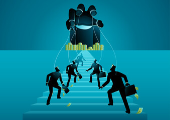 Ponzi scheme or investment fraud. Men climb stairs toward money stacks, unaware they are controlled by a giant dark hand. Symbol of financial deception luring investors with false promises of wealth.