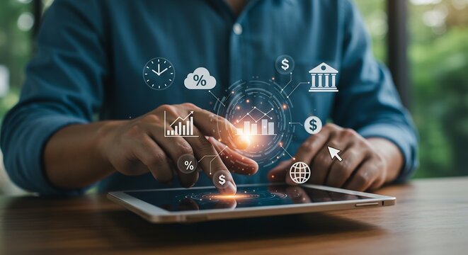 Businessman using digital tablet with financial data and online banking interface holographic projection, modern technology and finance concept