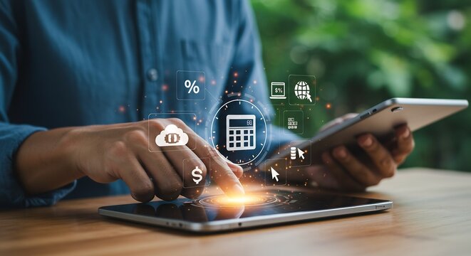 Person using a digital tablet for financial calculations and online banking, with futuristic holographic interface showing financial icons and data.