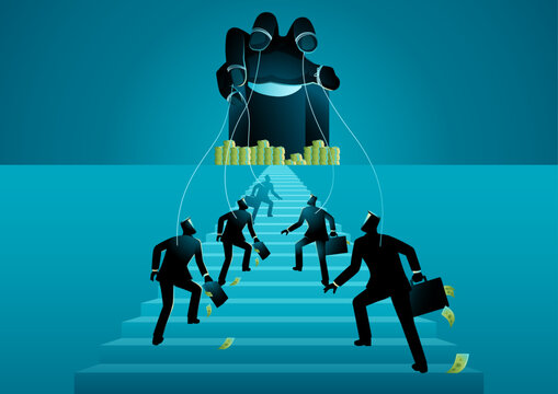 Ponzi scheme or investment fraud. Men climb stairs toward money stacks, unaware they are controlled by a giant dark hand. Symbol of financial deception luring investors with false promises of wealth.
