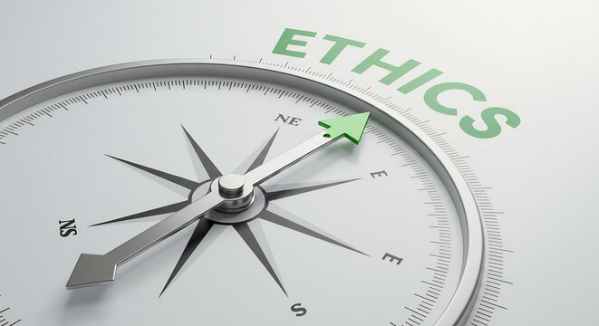 Compass pointing towards Ethics: A 3D illustration concept of ethical guidance and direction in business. - Powered by Adobe