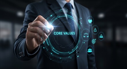 Businessman interacting with a futuristic holographic interface displaying Core Values and related business icons.
