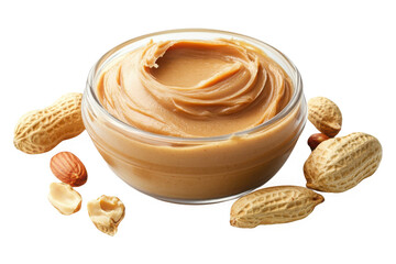 A clear bowl filled with peanut butter surrounded by peanuts on a dark background studio shot