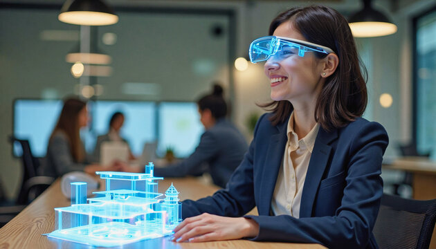 A portrait headshot photo of a friendly professional CEO executive business worker: A smiling businesswoman wearing augmented reality glasses interacts with a holographic architectural model proj