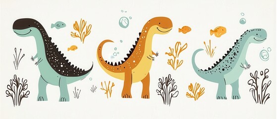 Playful and Colorful Doodles of Cute Dinosaurs and Sea Life in a Cheerful Underwater Scene