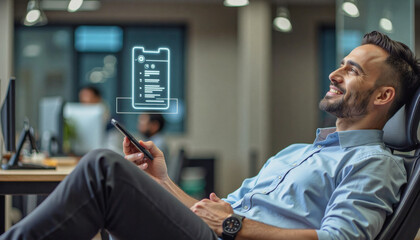 A portrait headshot photo of a friendly professional CEO executive business worker: A relaxed businessman leans back in his office chair, smiling thoughtfully while holding a phone with a glowing