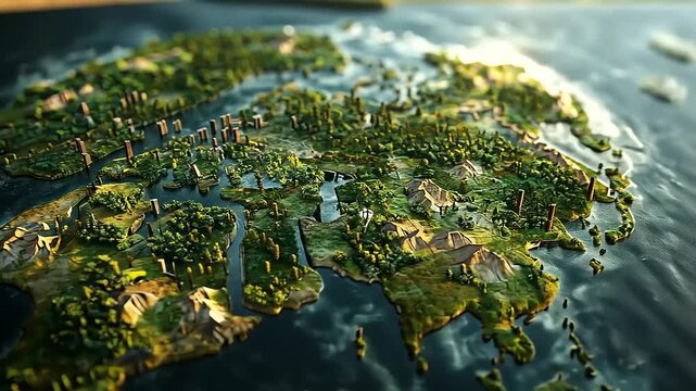 Detailed 3D map of a lush green continent with mountainous regions and water bodies, showcasing diverse landscapes