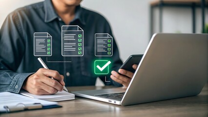 Document management system with checklist on laptop screen