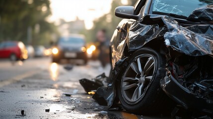 An accident scene with car that has been damaged. Car collides with a truck. Traffic rules on a damaged street. A crash site featuring a damaged vehicle lifestyle.