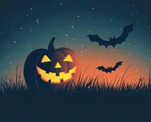 Fototapeta premium Spooky season vibes! A jack-o'-lantern glows in a field under a twilight sky, with bats flying overhead.