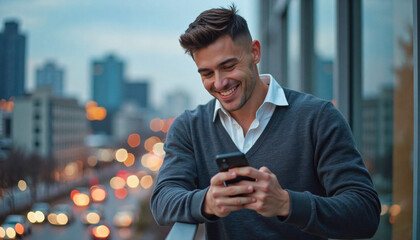 A portrait headshot photo of a friendly professional CEO executive business worker: A smiling young man looks down at his phone while standing near a window overlooking a blurred city skyline.