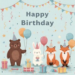 Fototapeta premium A fun birthday illustration with animals in hats, balloons and gifts. Perfect for greetings, kids parties and festive design.